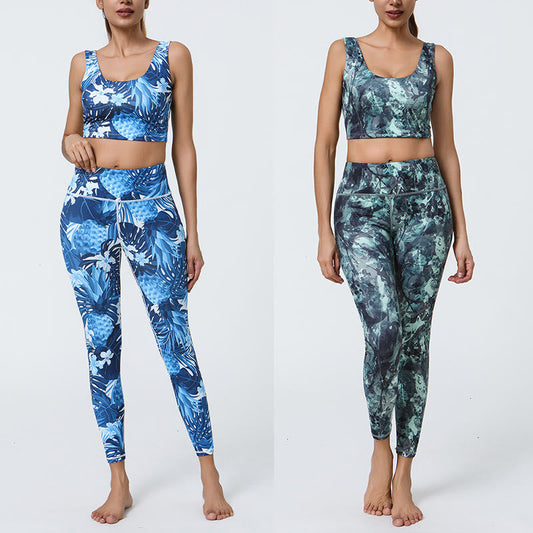 Mythstone 2Pcs Pineapple Grass Leaves Print Sports Fitness Crop Tank Bra High Waist Leggings Yoga Pants