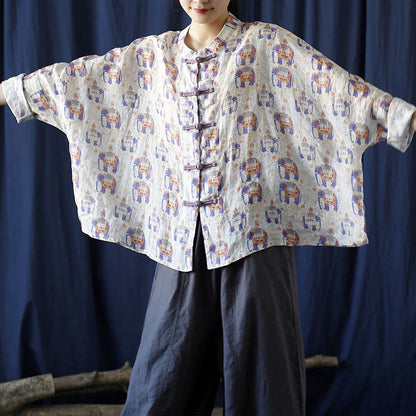 Mythstone Elephant Print Frog-button Design Batwing Long Sleeve Ramie Linen Jacket Shirt