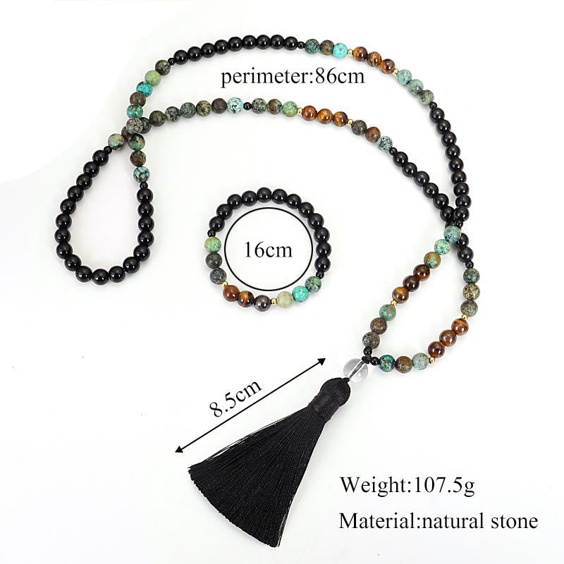 Mythstone 108 Mala Beads Natural Stone Tiger Eye Turquoise Protection Strength Bracelet Necklace