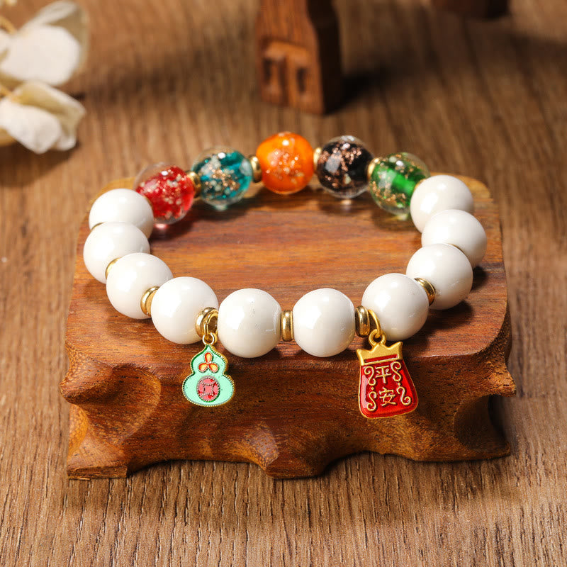 Mythstone Tibetan Incense Ash Porcelain Luminous Fluorescent Liuli Glass Bead Gourd Copper Coin Charm Peace Bracelet