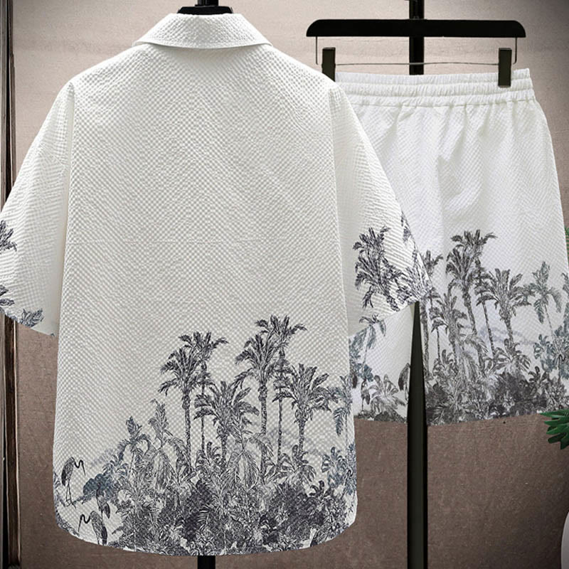 Mythstone Landscape Coconut Trees Magpie Pattern Short Sleeve Shorts Men's Set