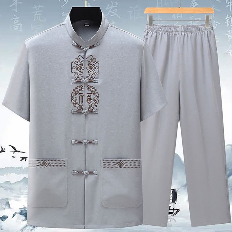 Mythstone Fu Character Chinese Knotting Embroidery Tang Suit Traditional Short Sleeve Top Pants Clothing Men's Set