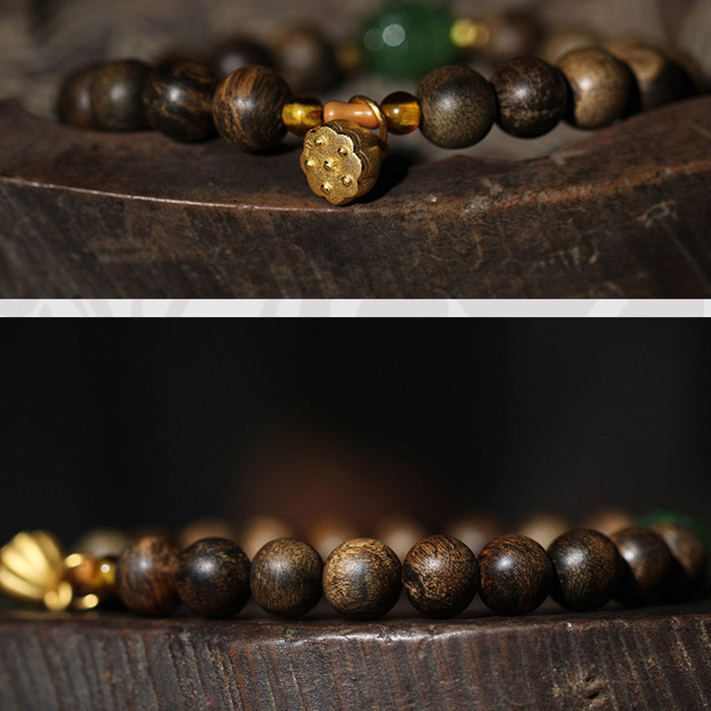 Mythstone 999 Gold Brunei Agarwood Cyan Jade Lotus Flower Peace Strength Bracelet