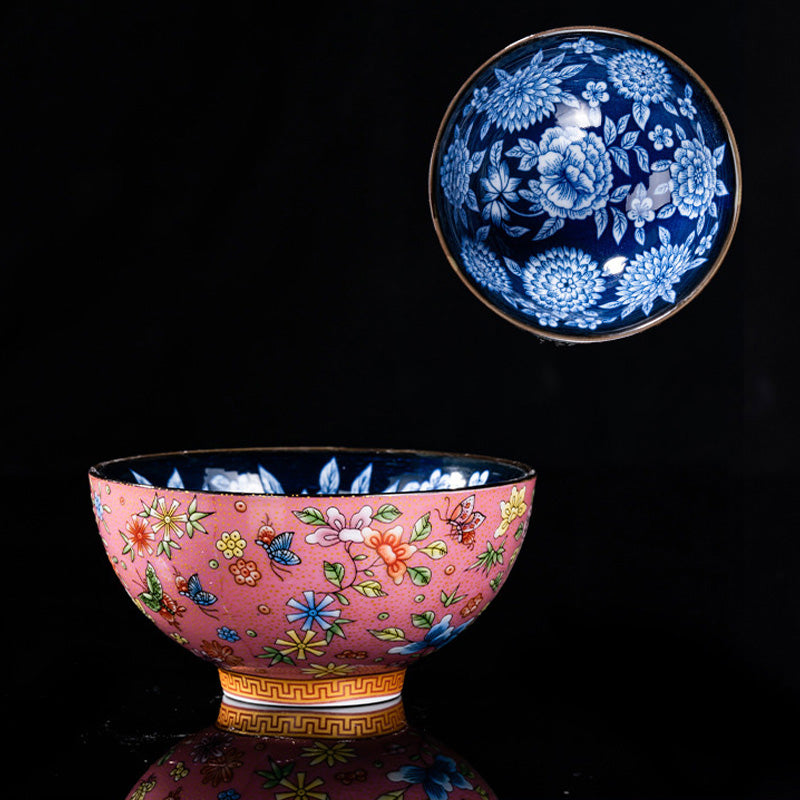 Mythstone Koi Fish Chrysanthemum Peony Flower Butterfly Ceramic Teacup Kung Fu Tea Cup Bowl 100ml