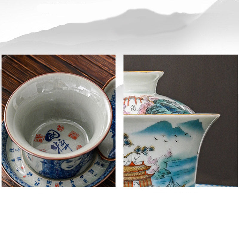 Mythstone Jingdezhen Dragon Phoenix Pavilion Pine Flower Ceramic Gaiwan Sancai Teacup Kung Fu Tea Cup And Saucer With Lid 170ml