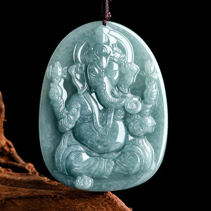 Mythstone Natural Jade Ganesh Ganpati Elephant Protection Amulet Necklace Pendant