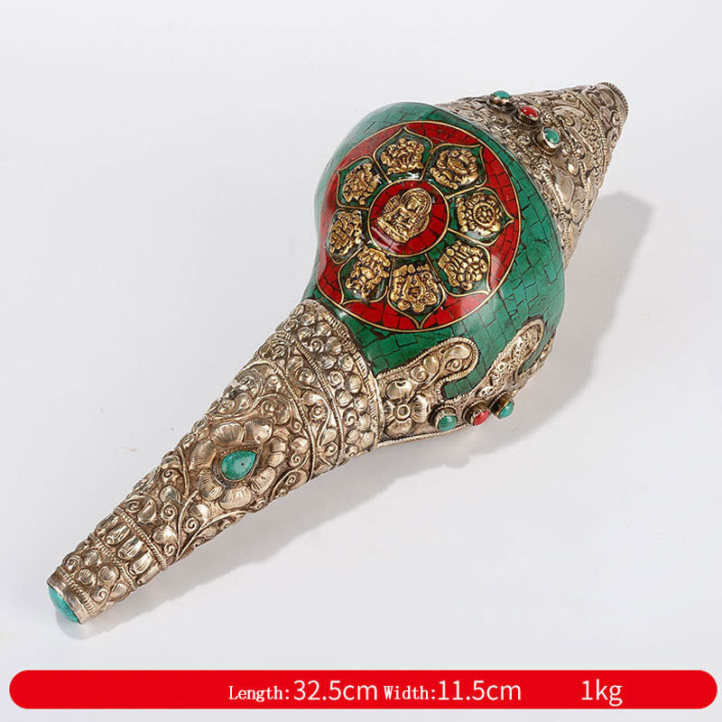 Mythstone Tibetan Handmade Shankha Om Mani Padme Hum Buddha Avalokitesvara Turquoise Conch Shell Positive Decoration