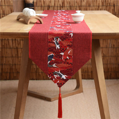 Mythstone Classic Chinese Style Lotus Koi Fish Flower Crane Calligraphy Enlightenment Cotton Linen Tassels Table Runner