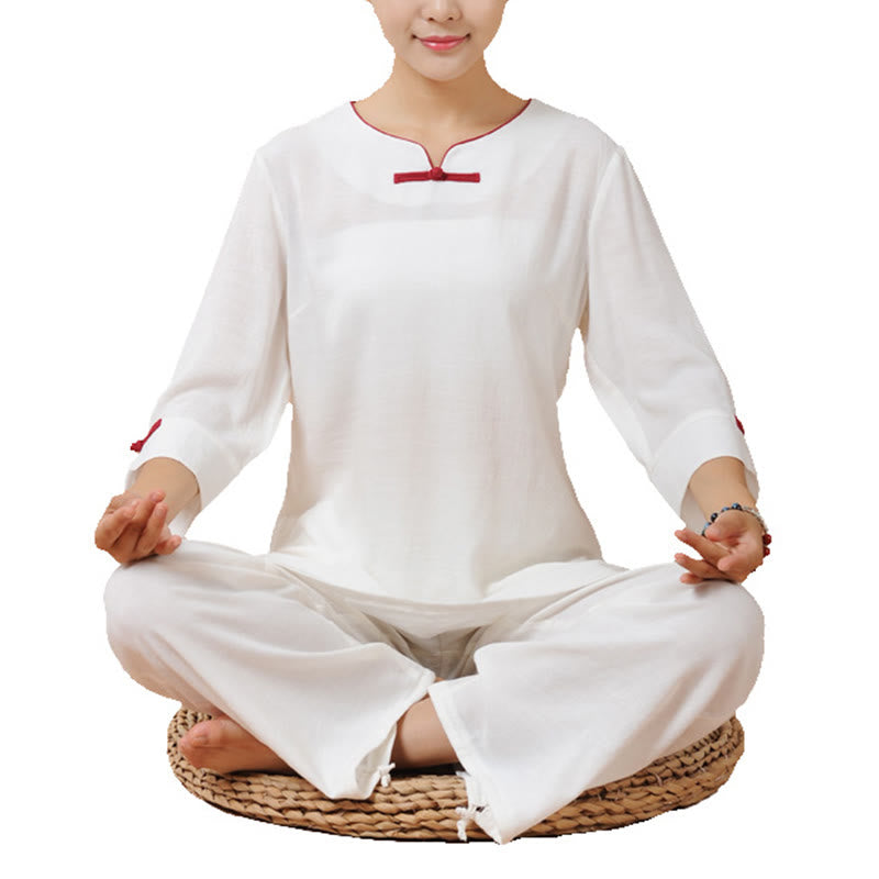 Mythstone 2Pcs Frog-Button Three Quarter Sleeve Shirt Top Pants Meditation Zen Tai Chi Linen Clothing Women's Set