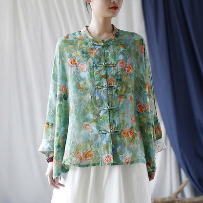 Camisa de lino con ramio y manga larga con estampado de flores rosas y hojas verdes de Mythstone 