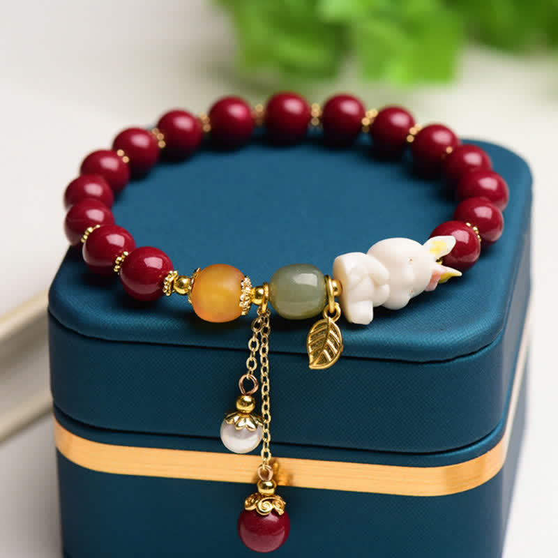 MythStone Year of the Rabbit Cinnabar Hetian Jade Bunny Beaded Blessing Bracelet