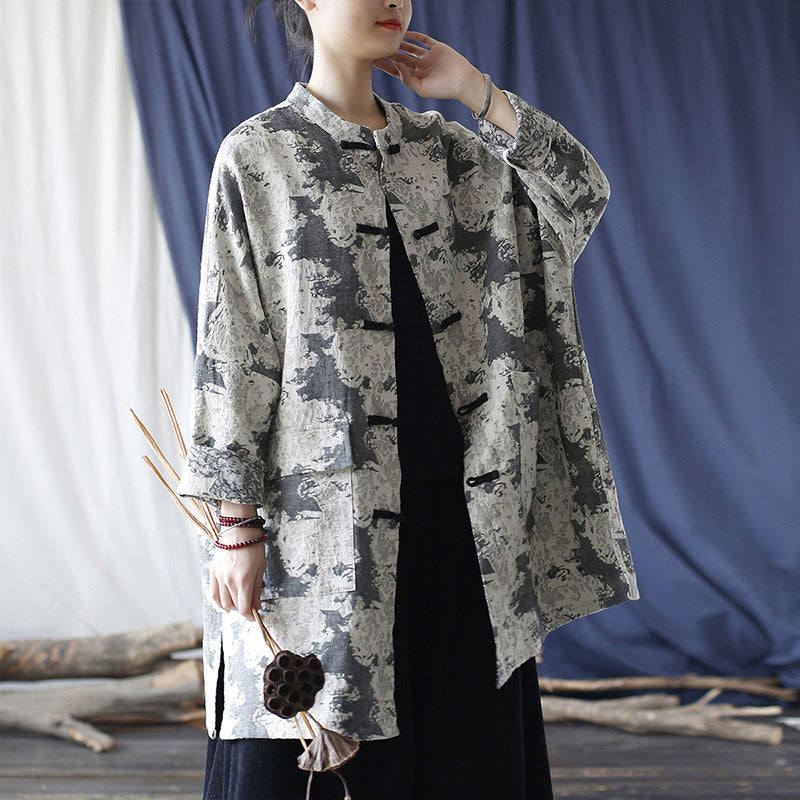 Mythstone Black Gray Beige Print Frog-button Design Long Sleeve Cotton Linen Jacket Shirt With Pockets