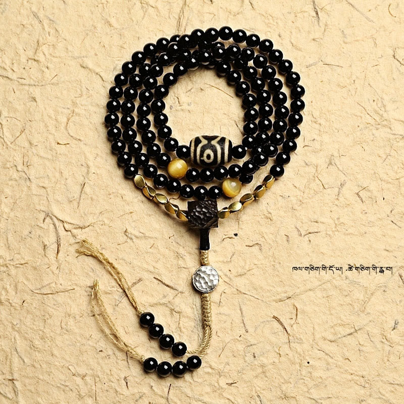 Mythstone Tibetan 108 Mala Beads Black Onyx Three-eyed Dzi Beads Protection Bracelet