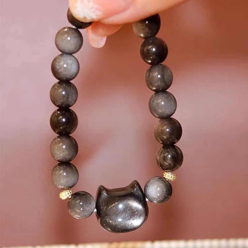 Mythstone Gold Sheen Obsidian Silver Sheen Obsidian Lovely Paw Lucky Cat Protection Bracelet