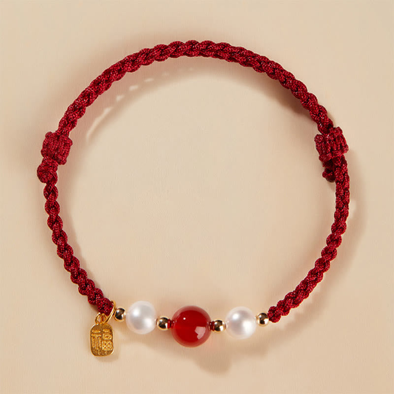 Mythstone 925 Sterling Silver Good Fortune Fu Character Agate Pearl Red String Braid Bracelet