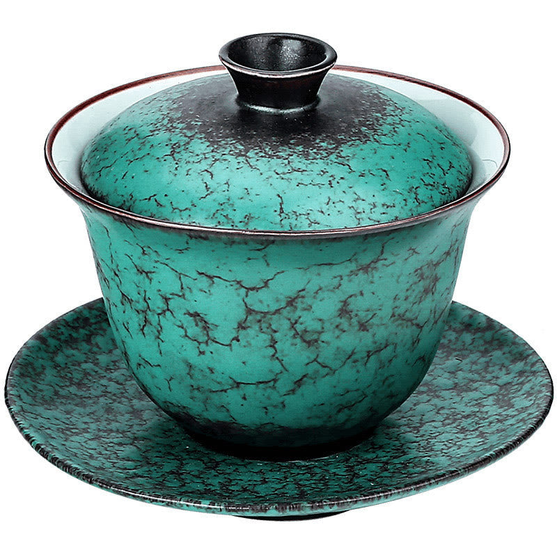 Mythstone Retro Green Glaze Ceramic Gaiwan Sancai Teacup Kung Fu Tea Cup And Saucer With Lid