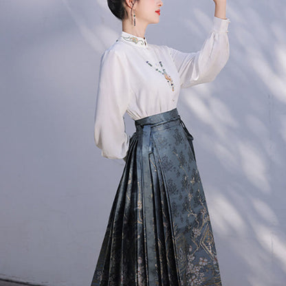 Mythstone Chinese Hanfu Blue Patio Plum Blossoms Printed Horse Face Skirt Mamianqun