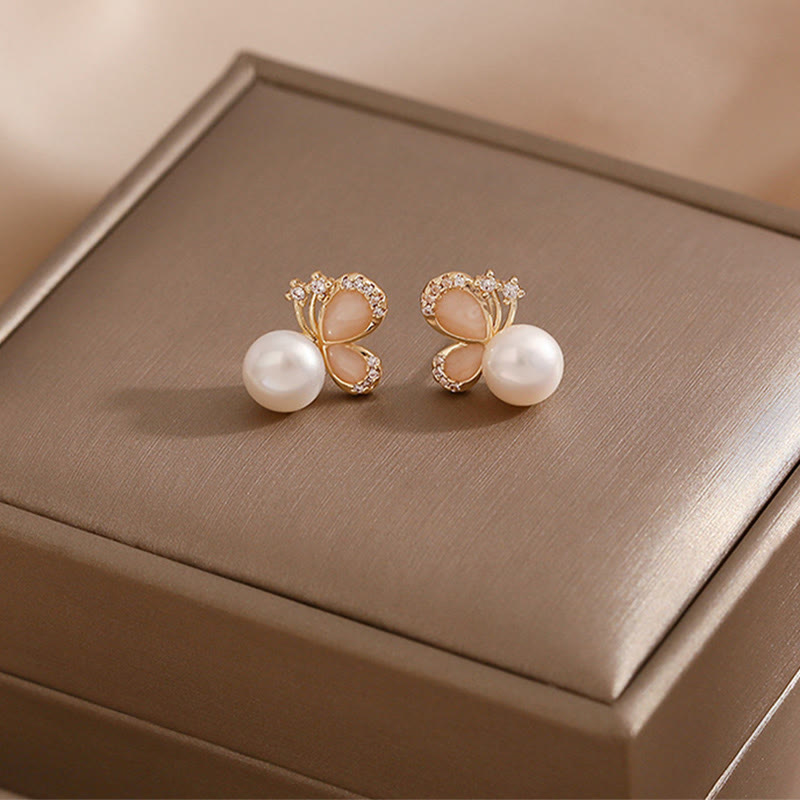 Mythstone 18K Gold Pearl Butterfly Love Freedom Stud Earrings