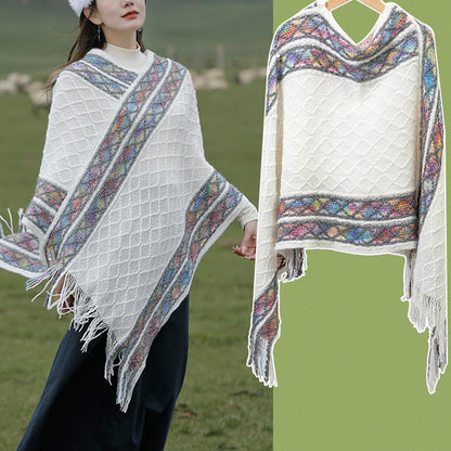 Mythstone Tibetan Colorful Striped Rhombus Pattern Shawl Tassels Pullover Winter Cozy Travel Scarf Wrap