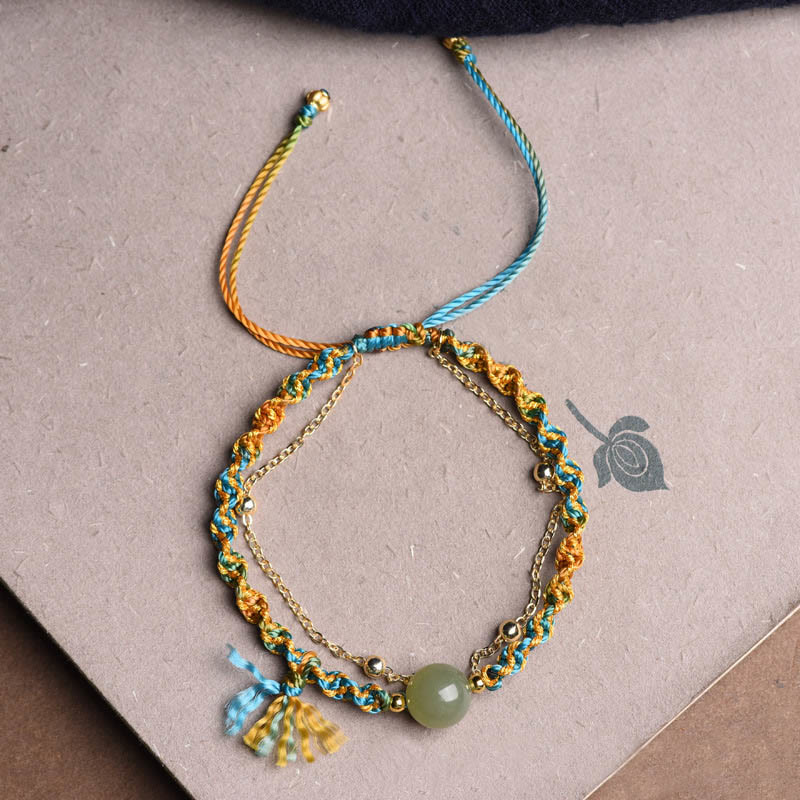 Pulsera de doble capa hecha a mano con cuentas de jade de la suerte y cuerda colorida de Mythstone 