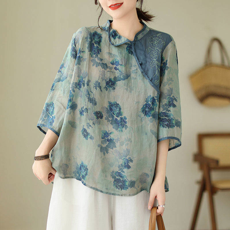 Mythstone Blue Jacaranda Flower Design Three Quarter Sleeve Ramie Linen Shirt