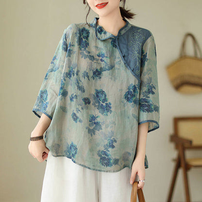 Mythstone Blue Jacaranda Flower Design Three Quarter Sleeve Ramie Linen Shirt