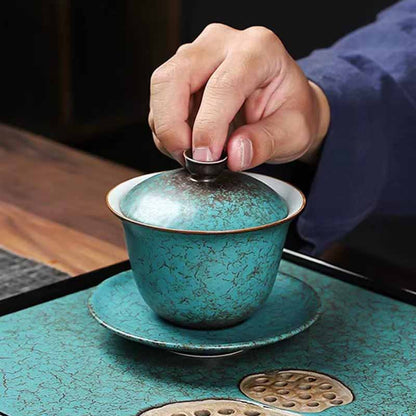 Mythstone Traditional Pine Tree Green Ceramic Gaiwan Sancai Teacup Kung Fu Tea Cup And Saucer With Lid