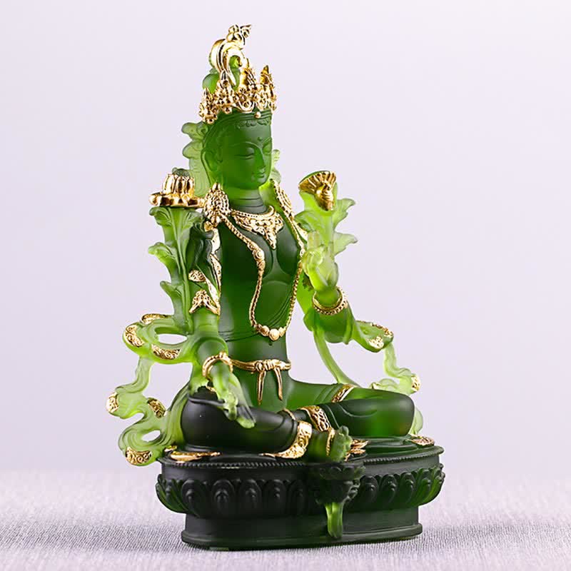 Mythstone Bodhisattva Green Tara Handmade Liuli Crystal Art Piece Protection Home Office Statue Decoration