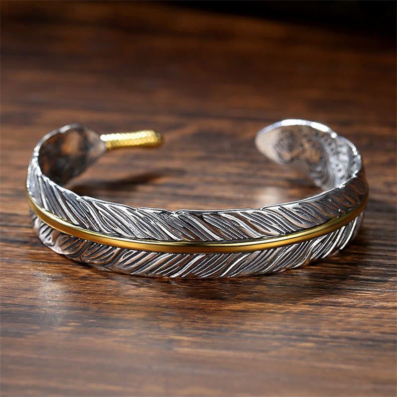 Mythstone Feather Pattern Carved Luck Wealth Cuff Bracelet Bangle