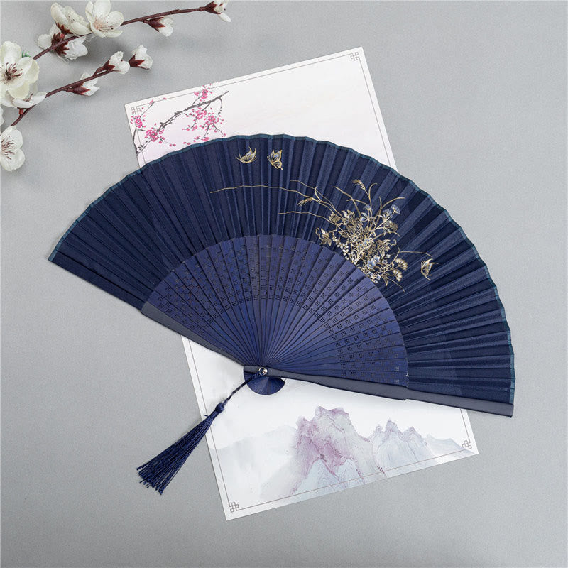 Mythstone Crane Dragonfly Lotus Peony Plum Blossom Butterfly Handheld Silk Bamboo Folding Fan 22.5cm