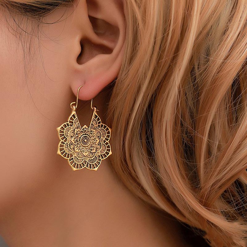 Mythstone Tibetan Lotus Engraving Copper Blessing Drop Earrings