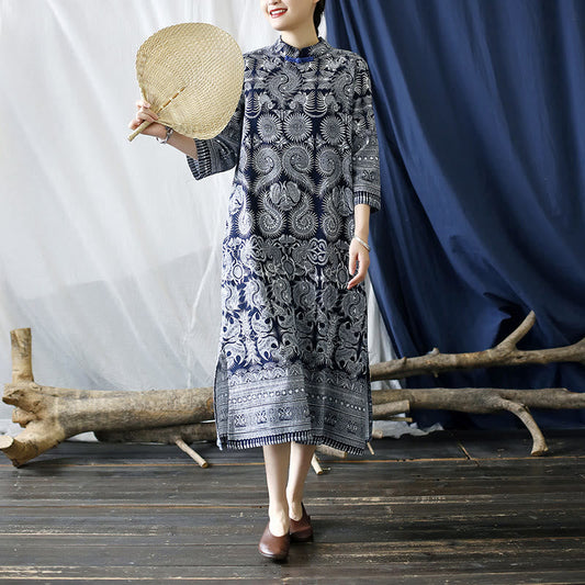 Mythstone Blue White Flower Frog-button Midi Dress Three Quarter Sleeve Linen Batik Dress With Pockets