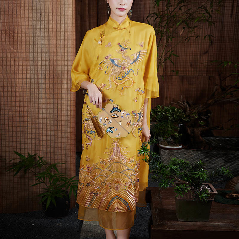 Mythstones 100% Mulberry Silk Organza Dress Embroidered Yellow Phoenix Qipao Cheongsam Dress