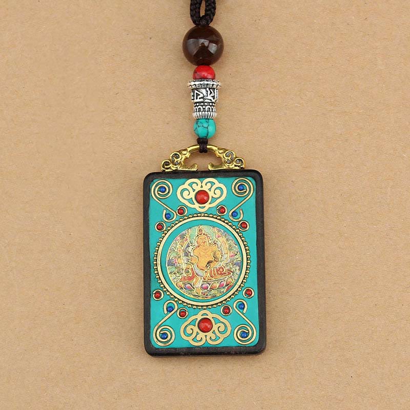 Mythstone Tibet God Of Wealth Money Tree Golden Phoenix Thangka Ebony Peace Necklace Pendant