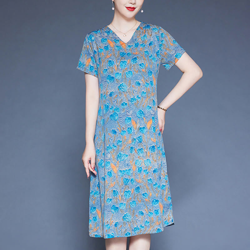 Mythstone V-Neck Tulip Flowers Short Sleeve Midi Dress With Pockets