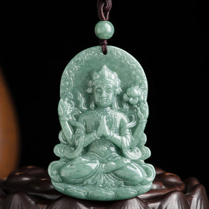 Mythstone Four-armed Avalokitesvara Natural Jade Amulet Blessing String Necklace