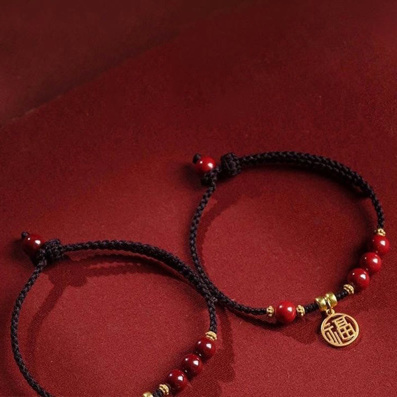 Mythstone Cinnabar Bead Fu Character Charm Blessing Braided String Bracelet