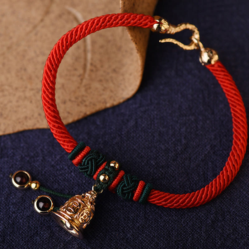 Mythstone 14K Gold Plated Copper Coin Bell Garnet Handcrafted Red Rope Bracelet