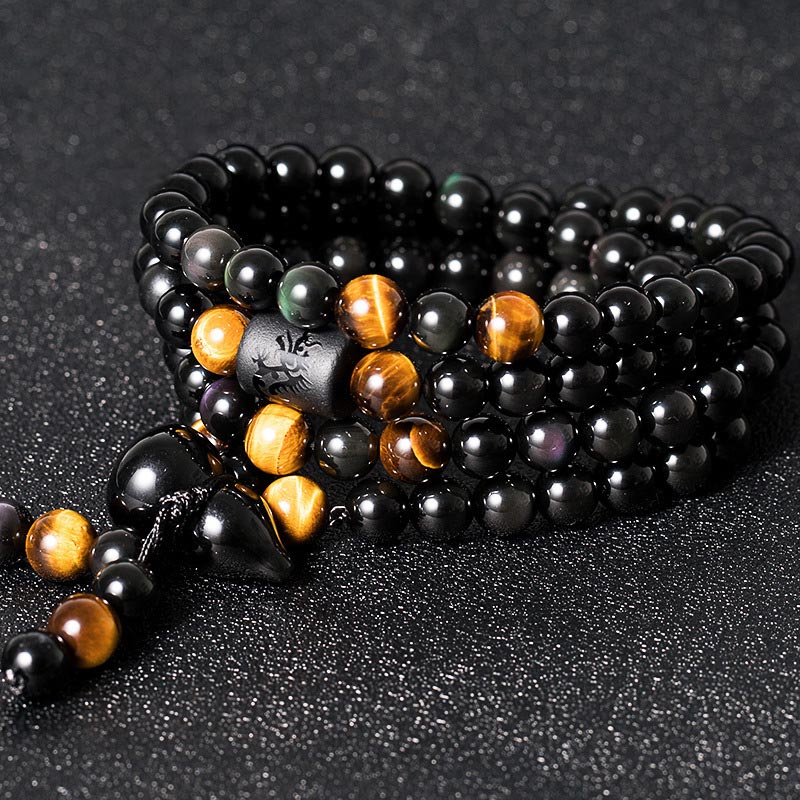 MythStone Natural Black Obsidian Rainbow Obsidian Gourd Blessing Bracelet Mala