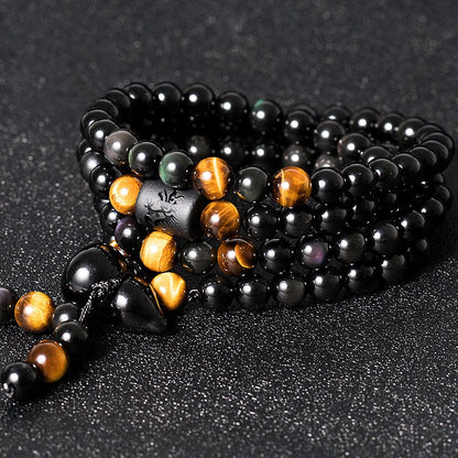 MythStone Natural Black Obsidian Rainbow Obsidian Gourd Blessing Bracelet Mala