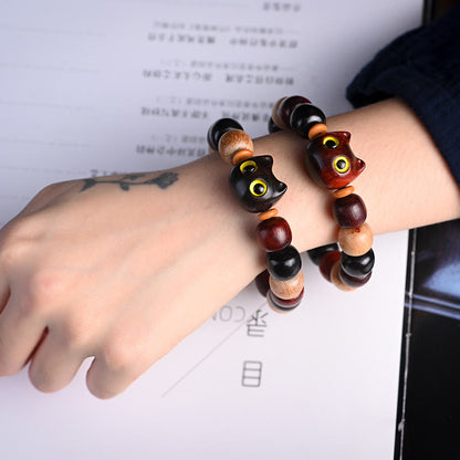 Mythstone Small Leaf Red Sandalwood Ebony Wood Cute Cat Engraved Protection Bracelet