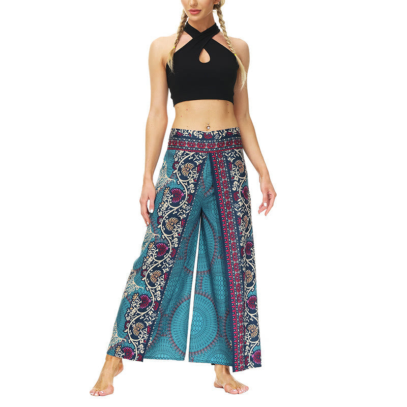 Mythstone Boho Flower Vine Split Thigh Wide Leg Pants Sports Fitness Dance Women's Yoga Pants