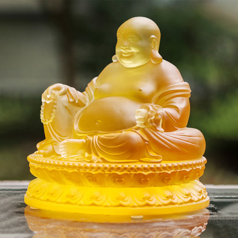 Mythstone Handmade Laughing Buddha Figurine Liuli Crystal Art Piece Wealth Statue Home Decoration