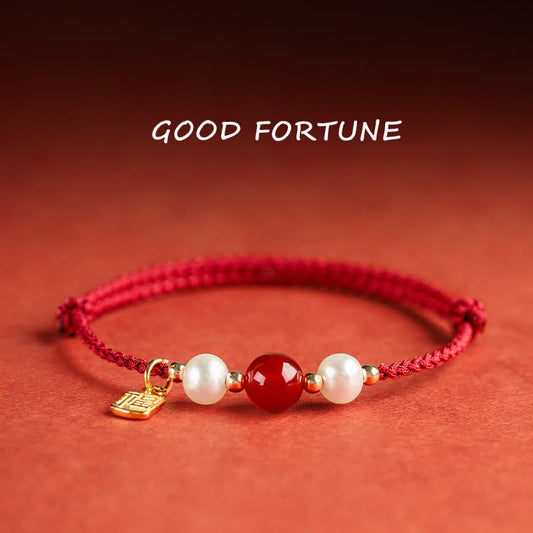 Mythstone 925 Sterling Silver Good Fortune Fu Character Agate Pearl Red String Braid Bracelet