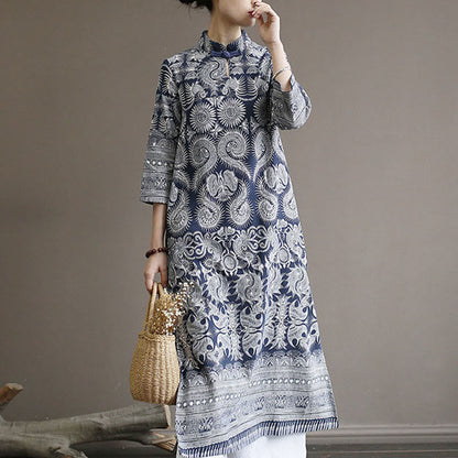 Mythstone Blue And White Porcelain Pattern Frog-button Midi Dress Three Quarter Sleeve Linen Batik Dress With Pockets