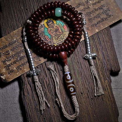 Pulsera de armonía Dorje de cobre con cuentas Dzi de tres ojos y semilla de Bodhi morada de Mythstone Natural Tibet de 108 cuentas Mala