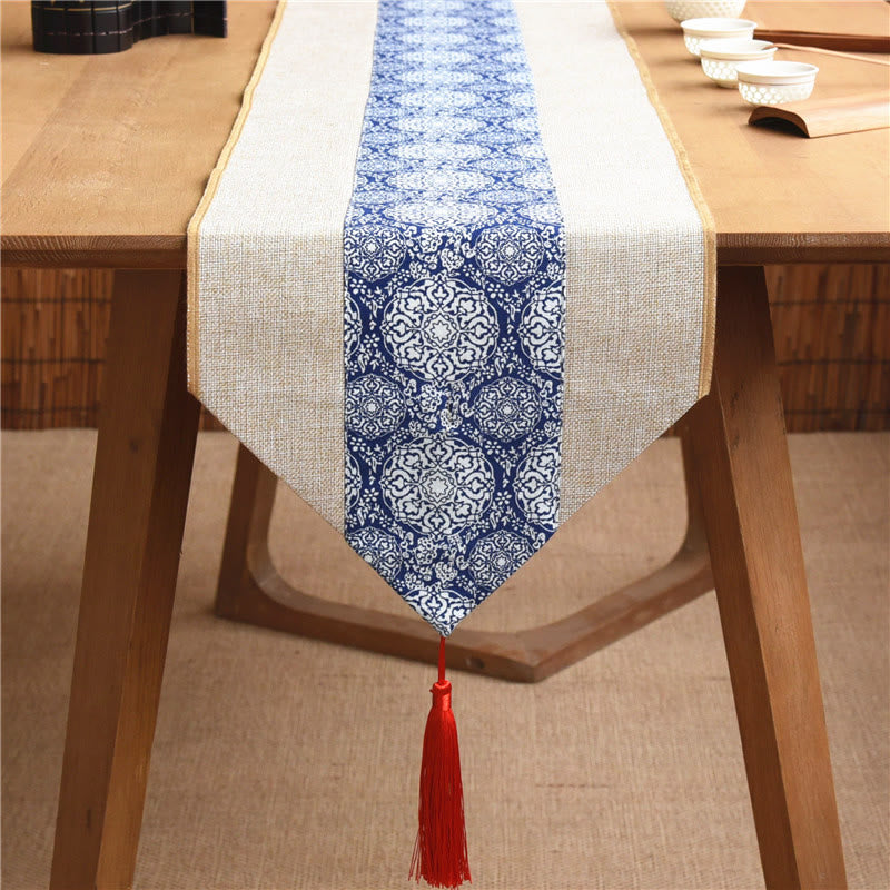 Mythstone Classic Chinese Style Lotus Koi Fish Flower Crane Calligraphy Enlightenment Cotton Linen Tassels Table Runner