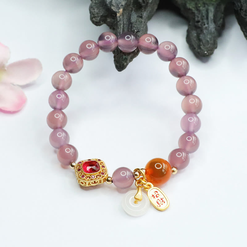 Pulsera con amuleto de la suerte y la armonía con hebilla de paz y ágata de caramelo de calcedonia morada natural Mythstone