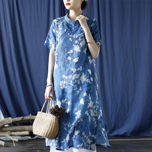 Mythstone Ramie Linen Blue White Flowers Branches Cheongsam Dresses Short Sleeve Dress