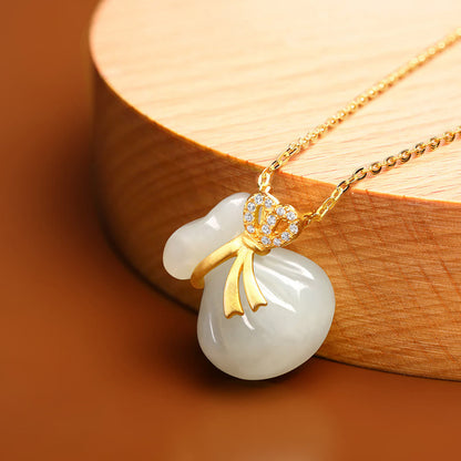 Mythstone Natural Hetian White Jade Luck Money Bag Necklace Pendant